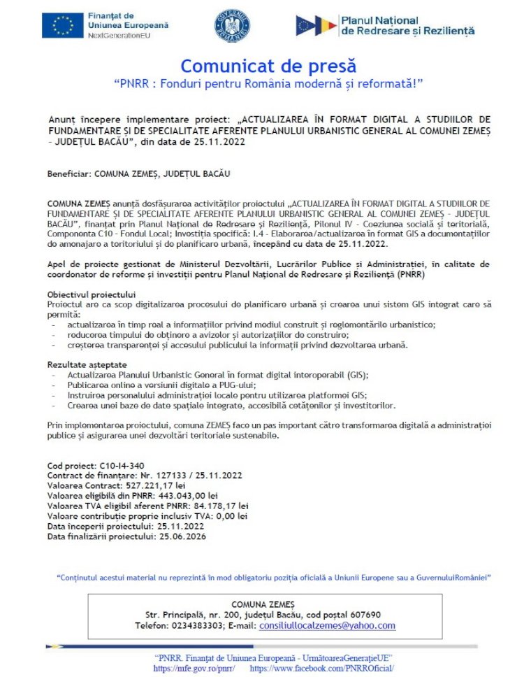 Comunicat de presa UAT Comuna Zemes